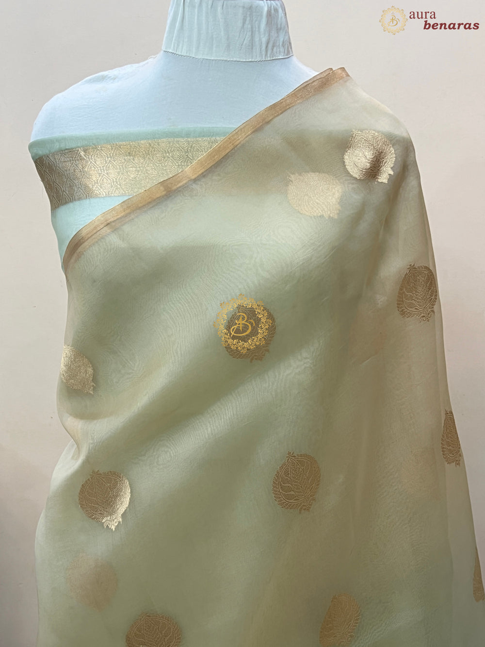 Pastel Mint Green and cream Shaded Pure Kora Silk Handloom Banarasi Saree