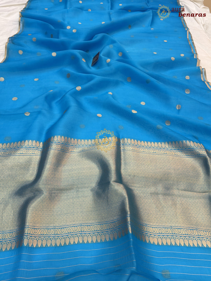 Firozi Blue Kora Silk Banarasi Saree – Kadhwa Butis in Zari