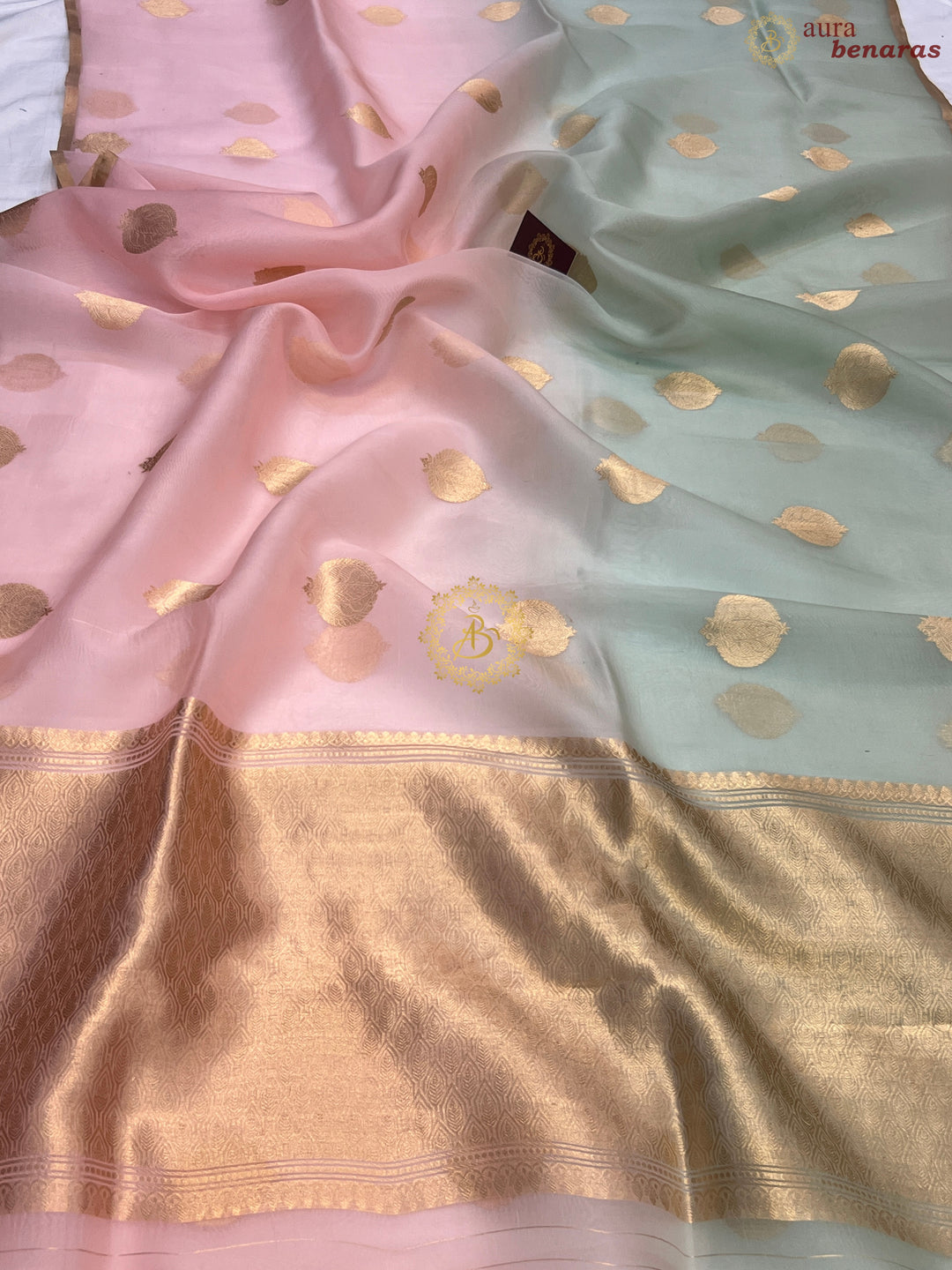 Baby Pink and Pastel Mint Green Shaded Pure Kora Silk Handloom Banarasi Saree