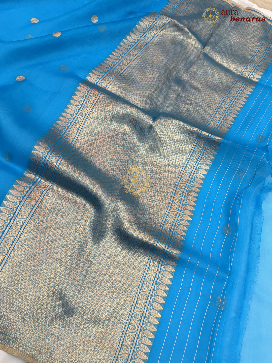 Firozi Blue Kora Silk Banarasi Saree – Kadhwa Butis in Zari