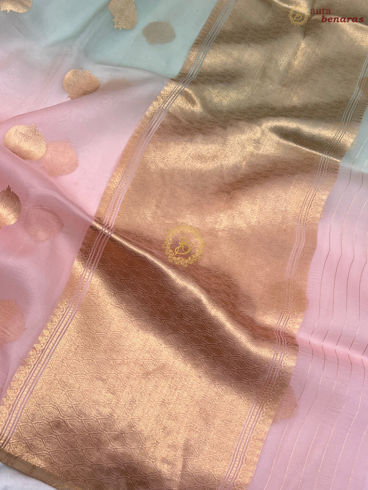 Baby Pink and Pastel Mint Green Shaded Pure Kora Silk Handloom Banarasi Saree