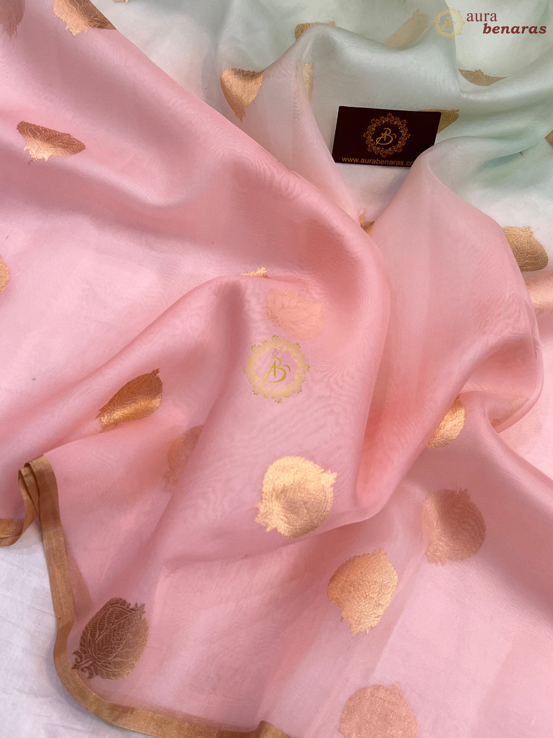Baby Pink and Pastel Mint Green Shaded Pure Kora Silk Handloom Banarasi Saree