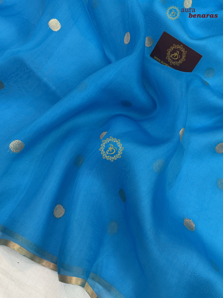 Firozi Blue Pure Kora silk Handloom Banarasi Saree