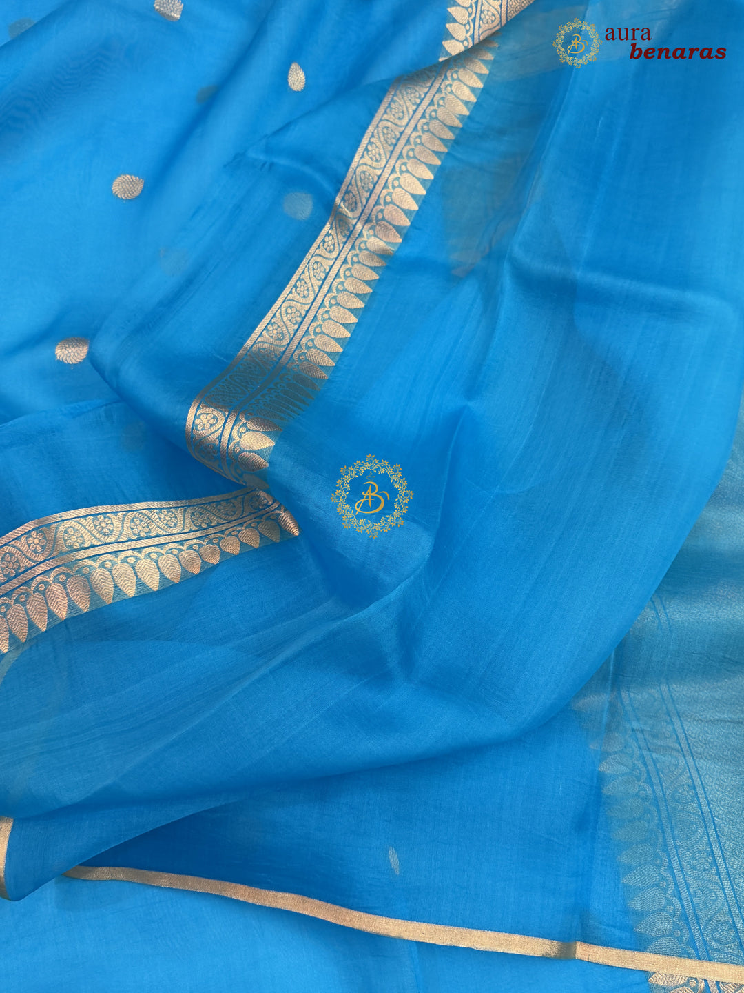 Firozi Blue Kora Silk Banarasi Saree – Kadhwa Butis in Zari