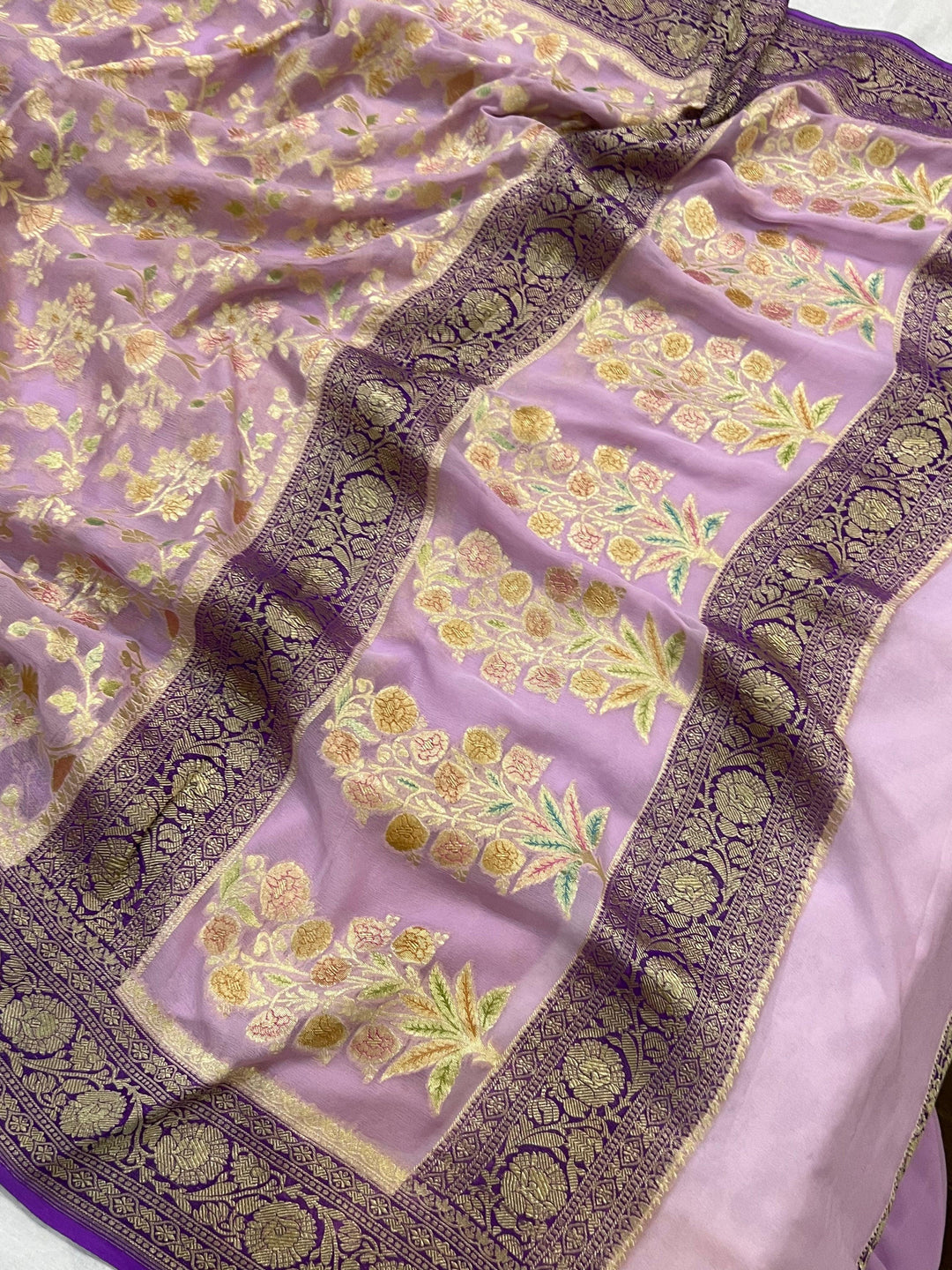 Lavender Rangkaat Banarasi Khaddi Georgette Saree - Aura Benaras