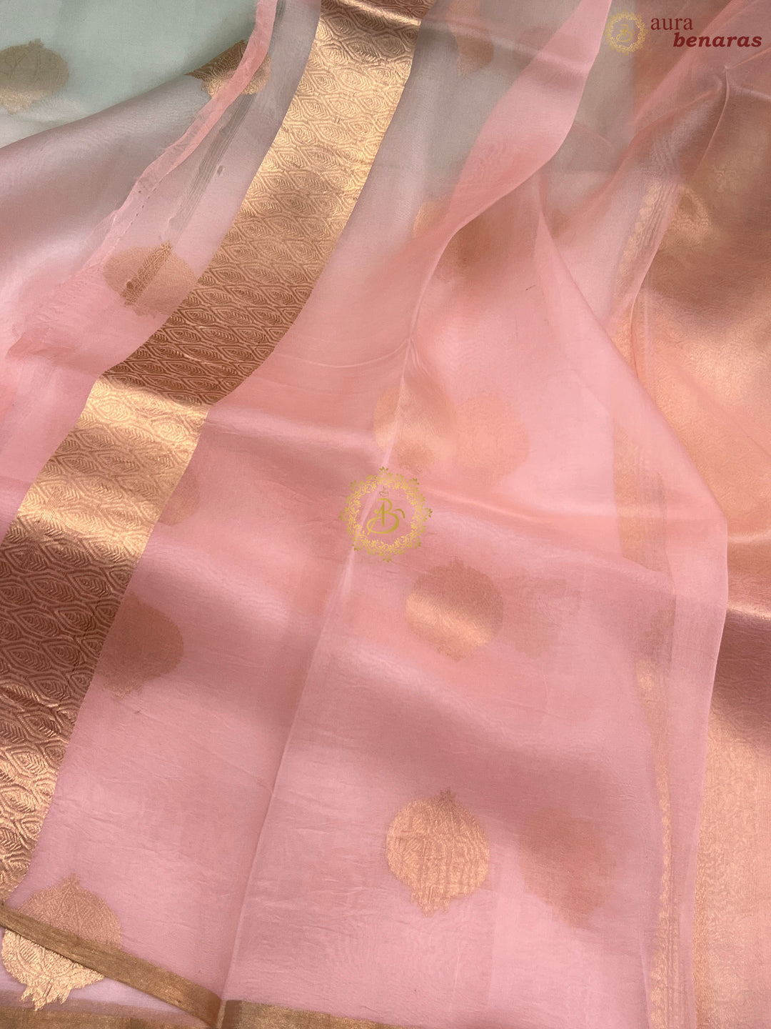 Baby Pink and Pastel Mint Green Shaded Pure Kora Silk Handloom Banarasi Saree