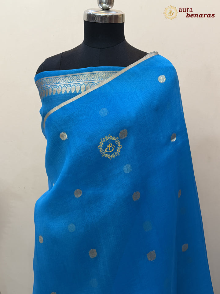 Firozi Blue Kora Silk Banarasi Saree – Kadhwa Butis in Zari