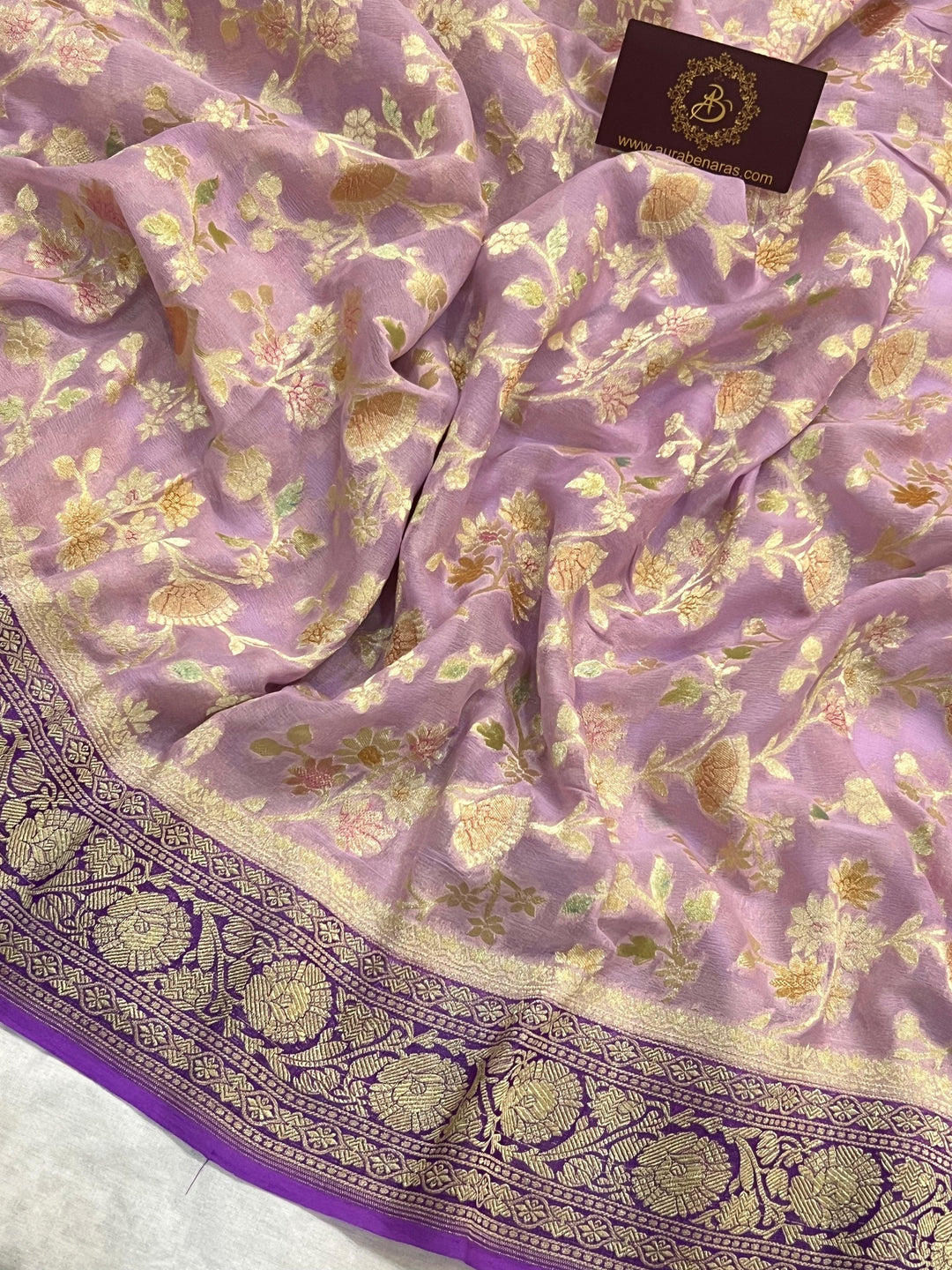 Lavender Rangkaat Banarasi Khaddi Georgette Saree - Aura Benaras