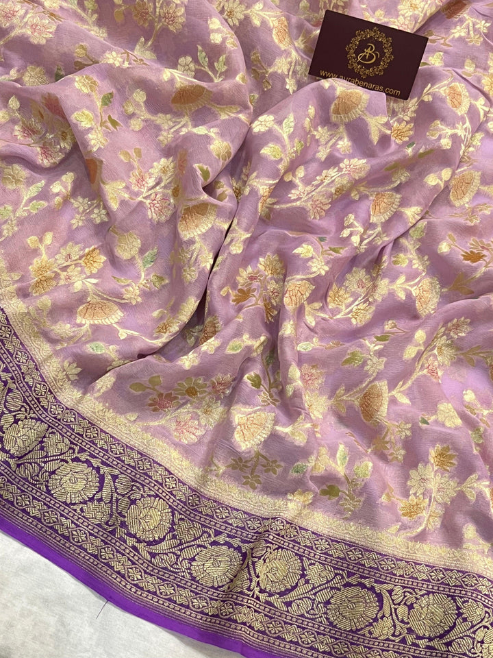 Lavender Rangkaat Banarasi Khaddi Georgette Saree - Aura Benaras