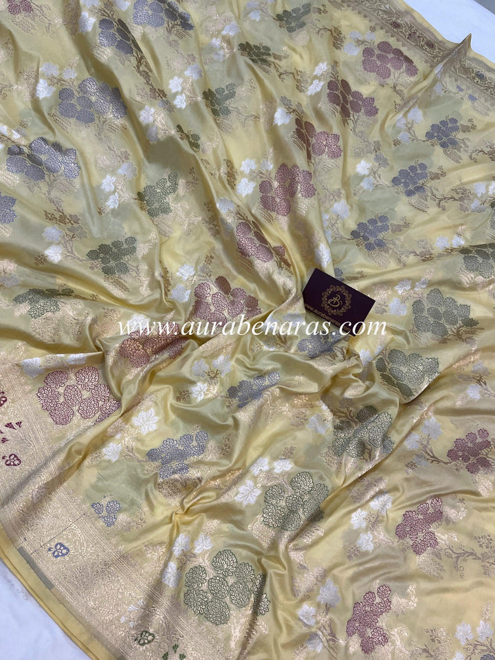 Pastel Yellow Banarasi Handloom Katan Silk Saree - Aura Benaras