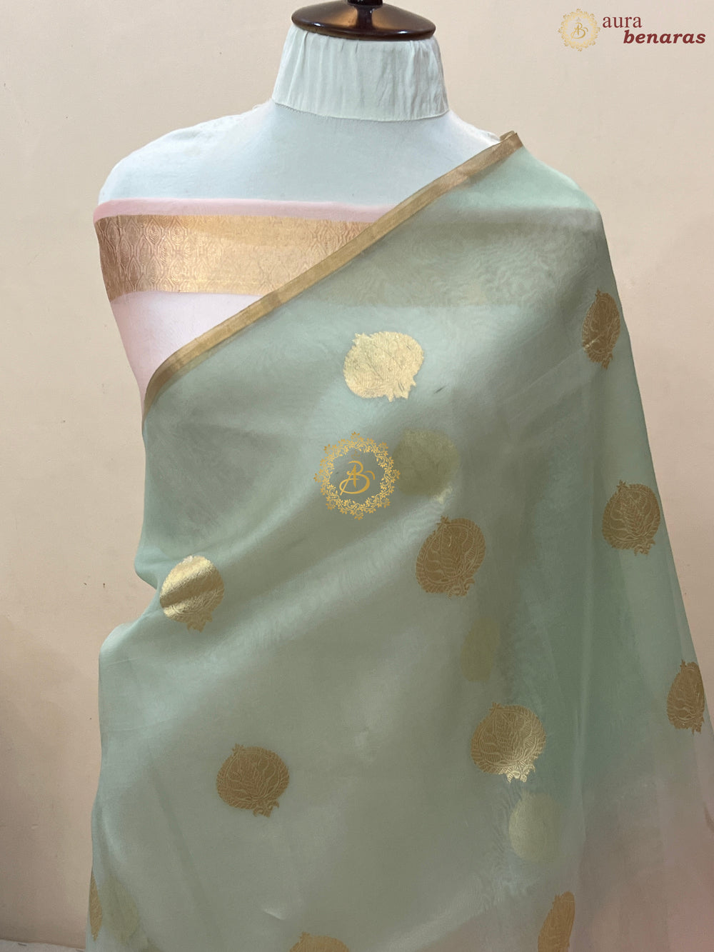 Baby Pink and Pastel Mint Green Shaded Pure Kora Silk Handloom Banarasi Saree