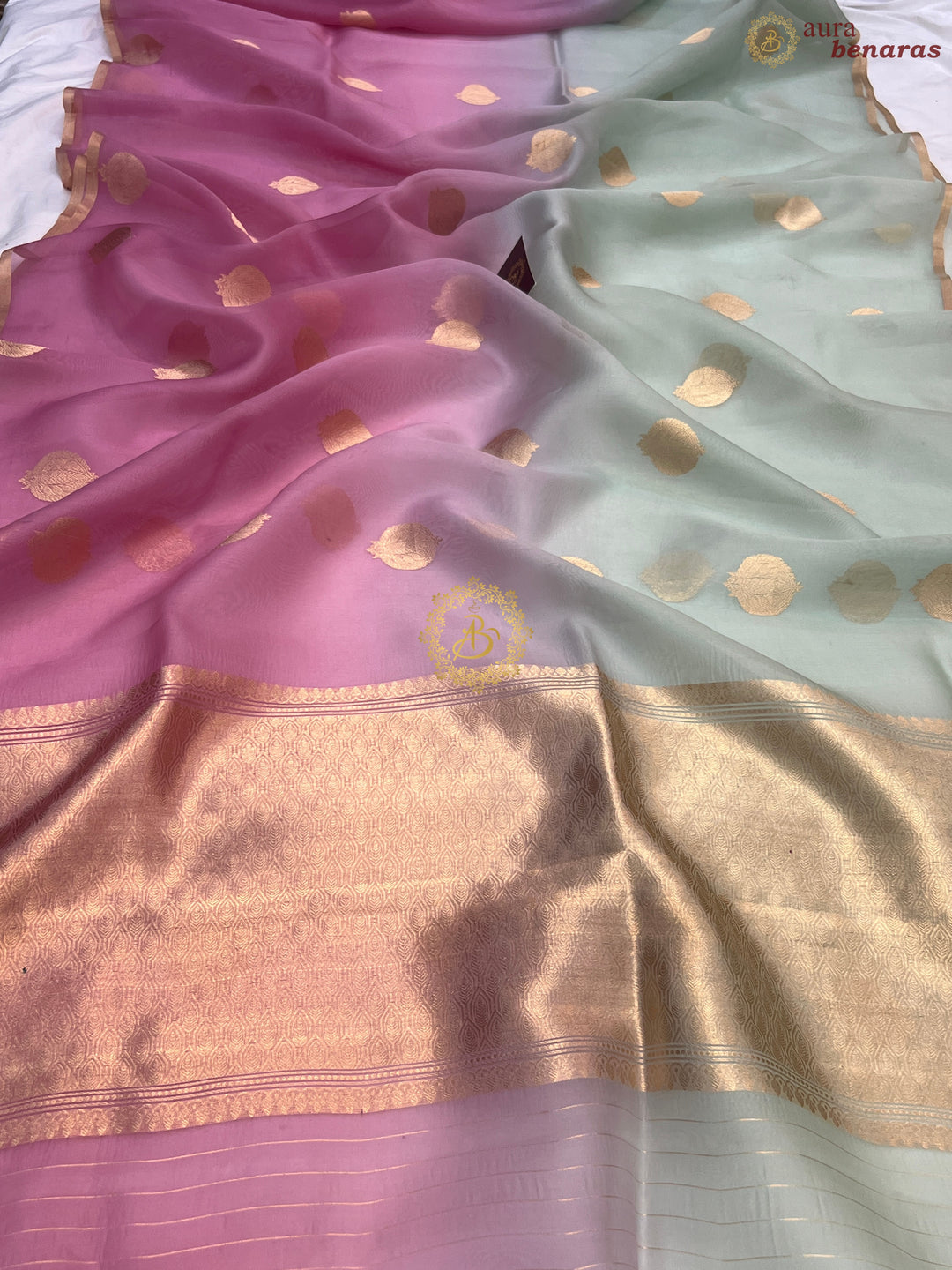 Pinkish Lavender and Mint Green Shaded Pure Kora Silk Handloom Banarasi Saree