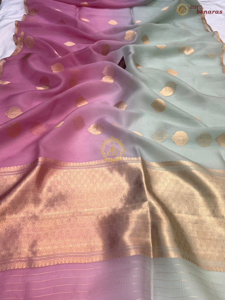 Pinkish Lavender and Mint Green Shaded Pure Kora Silk Handloom Banarasi Saree