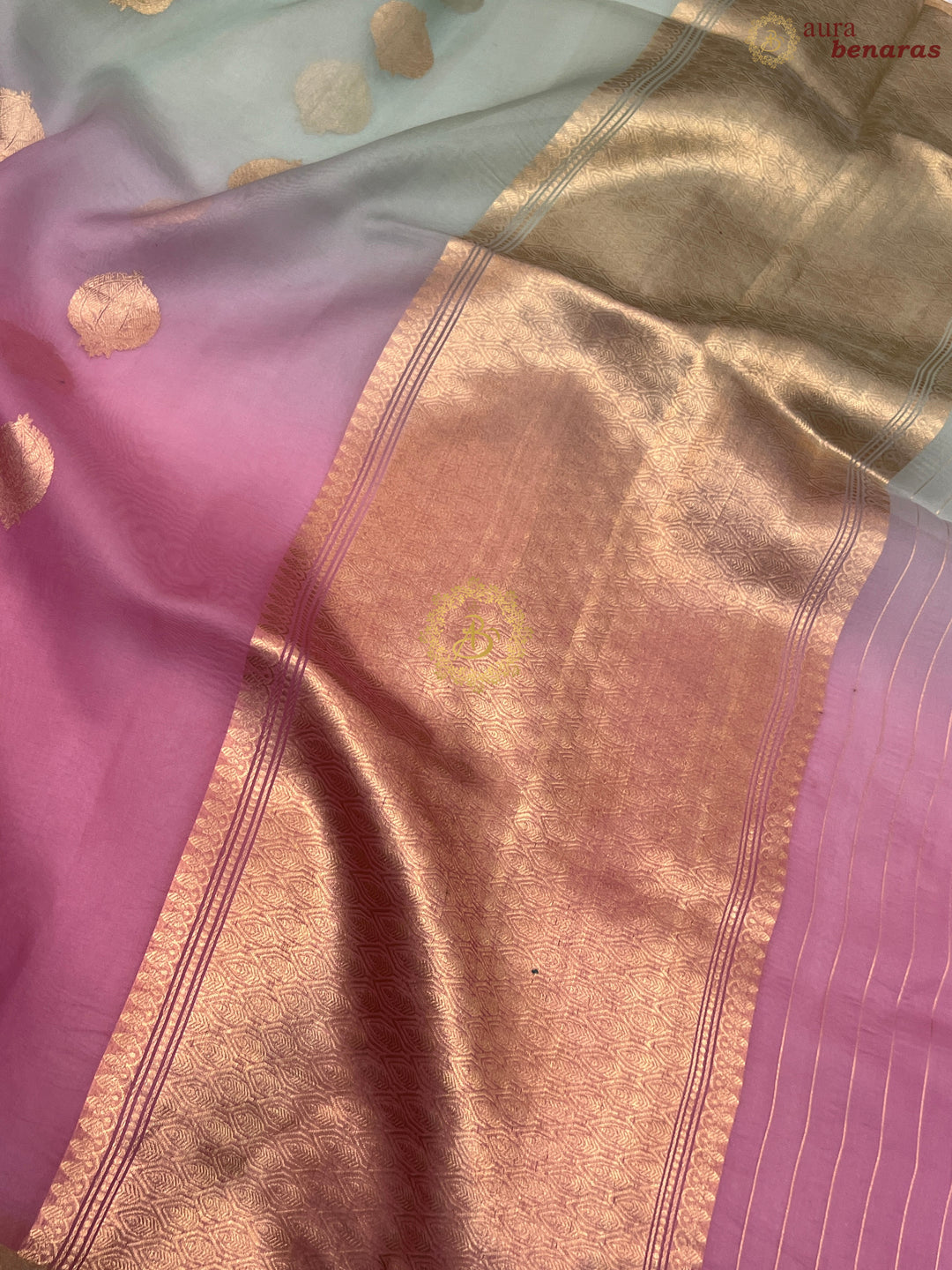Pinkish Lavender and Mint Green Shaded Pure Kora Silk Handloom Banarasi Saree