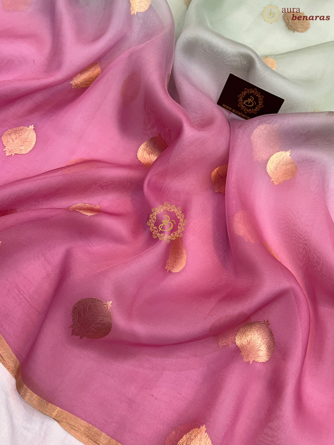 Pinkish Lavender and Mint Green Shaded Pure Kora Silk Handloom Banarasi Saree