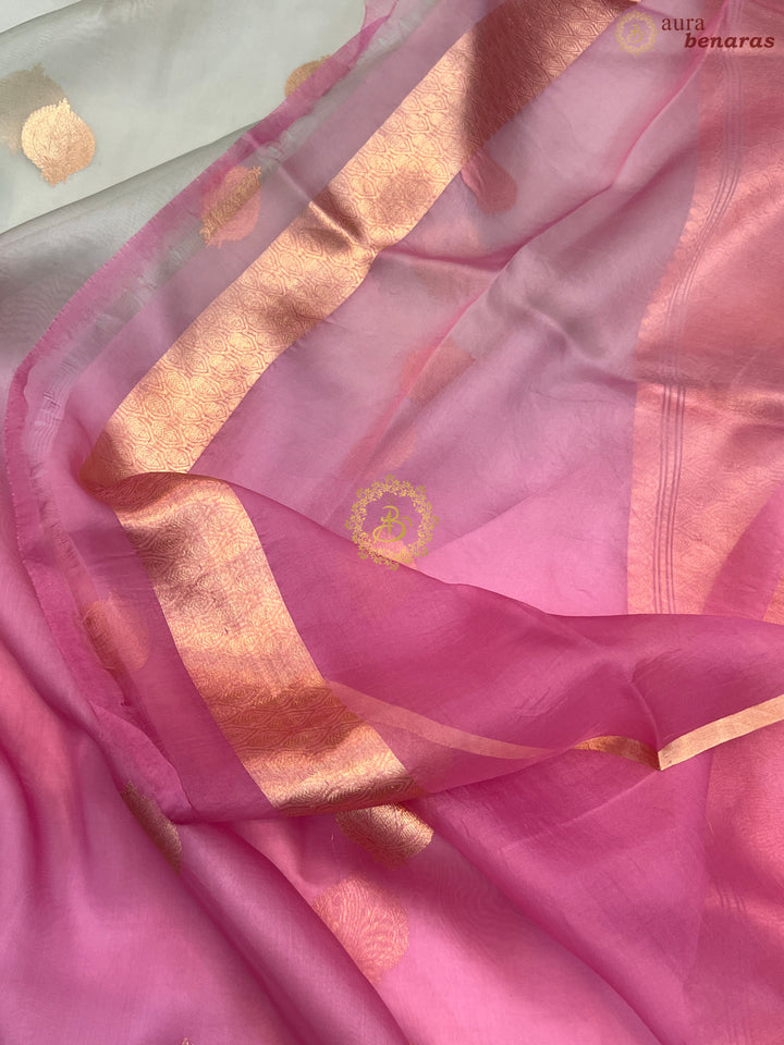 Pinkish Lavender and Mint Green Shaded Pure Kora Silk Handloom Banarasi Saree