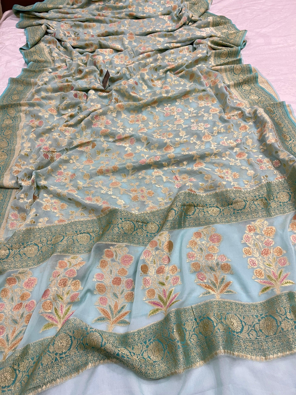 Pale Blue Rangkaat Banarasi Khaddi Georgette Saree - Aura Benaras