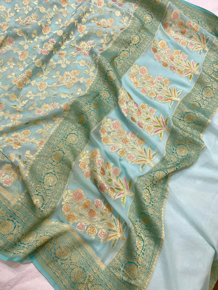 Pale Blue Rangkaat Banarasi Khaddi Georgette Saree - Aura Benaras