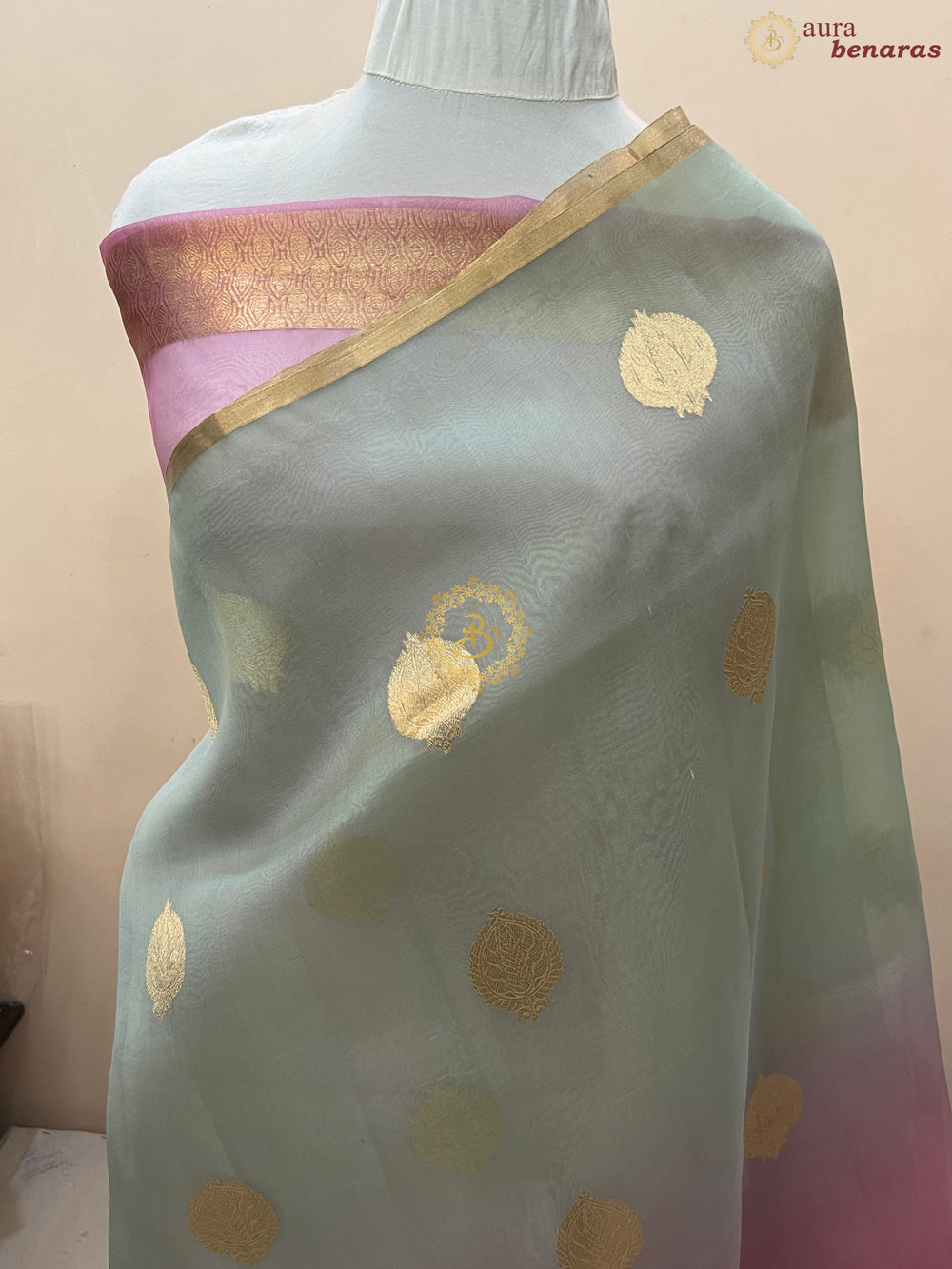 Pinkish Lavender and Mint Green Shaded Pure Kora Silk Handloom Banarasi Saree