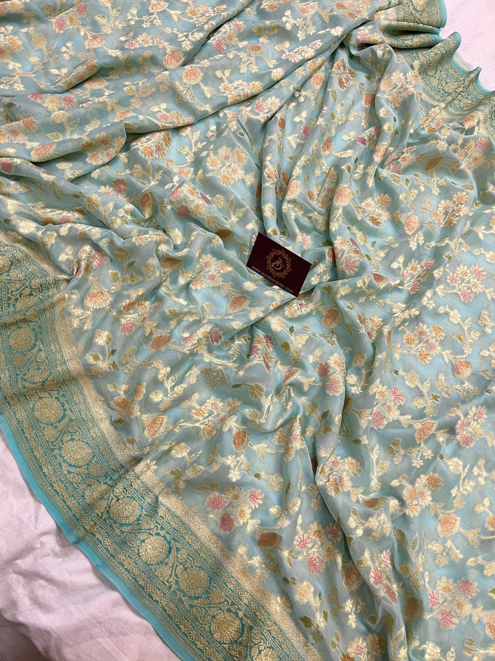 Pale Blue Rangkaat Banarasi Khaddi Georgette Saree - Aura Benaras