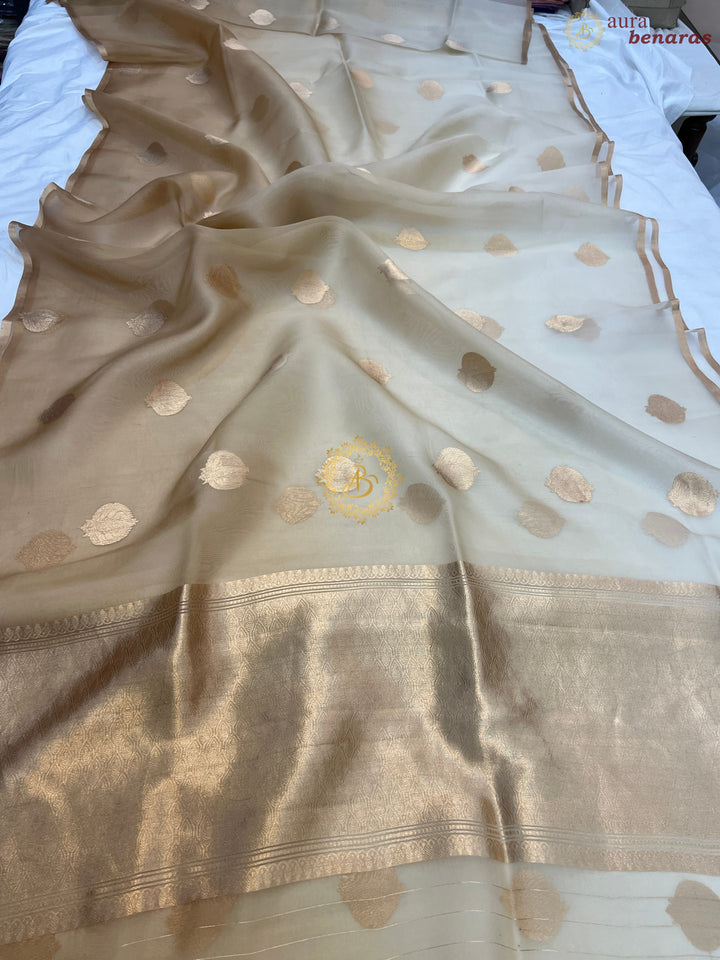 Cream and Beige Shaded Pure Kora Silk Handloom Banarasi Saree