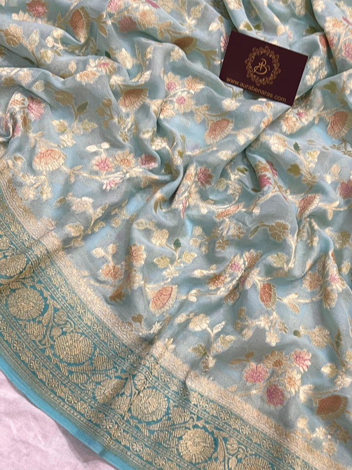 Pale Blue Rangkaat Banarasi Khaddi Georgette Saree - Aura Benaras
