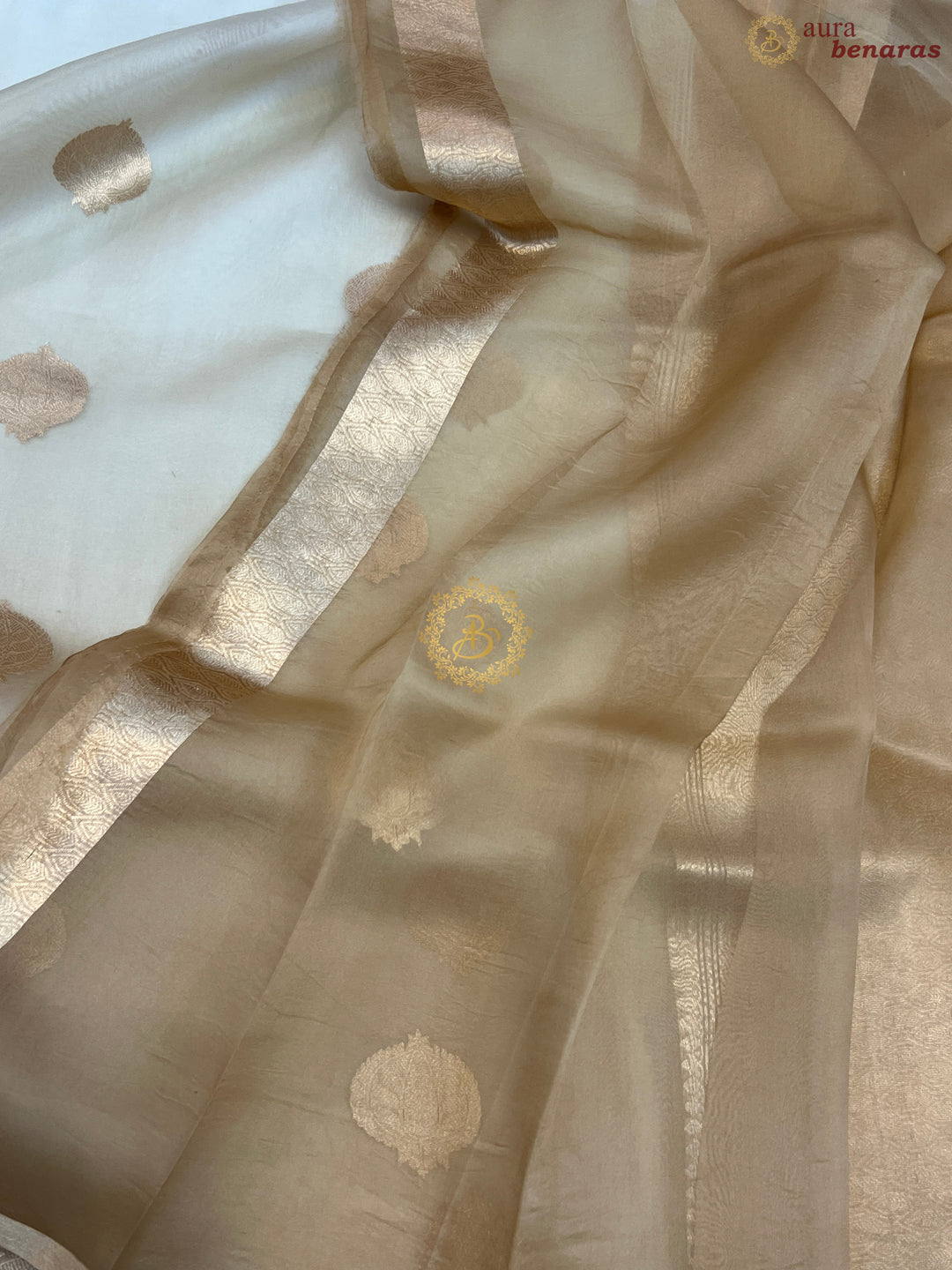 Cream and Beige Shaded Pure Kora Silk Handloom Banarasi Saree