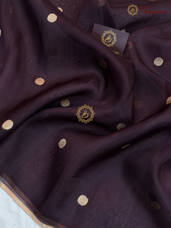 Brown Pure Kora silk Handloom Banarasi Saree