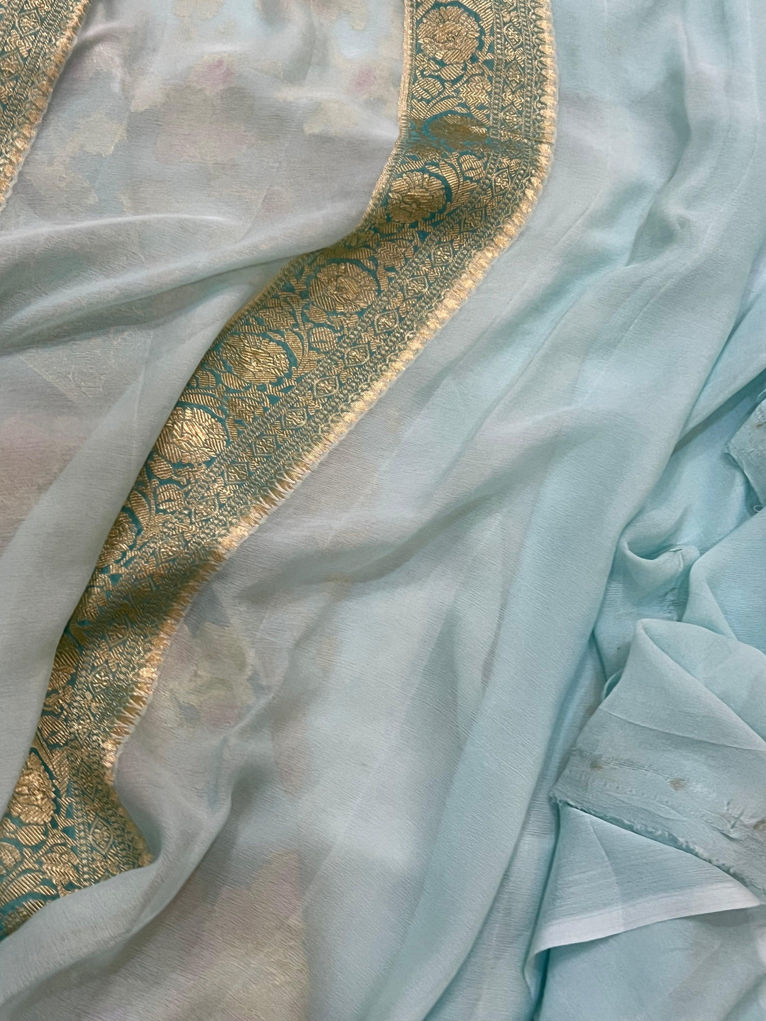 Pale Blue Rangkaat Banarasi Khaddi Georgette Saree - Aura Benaras