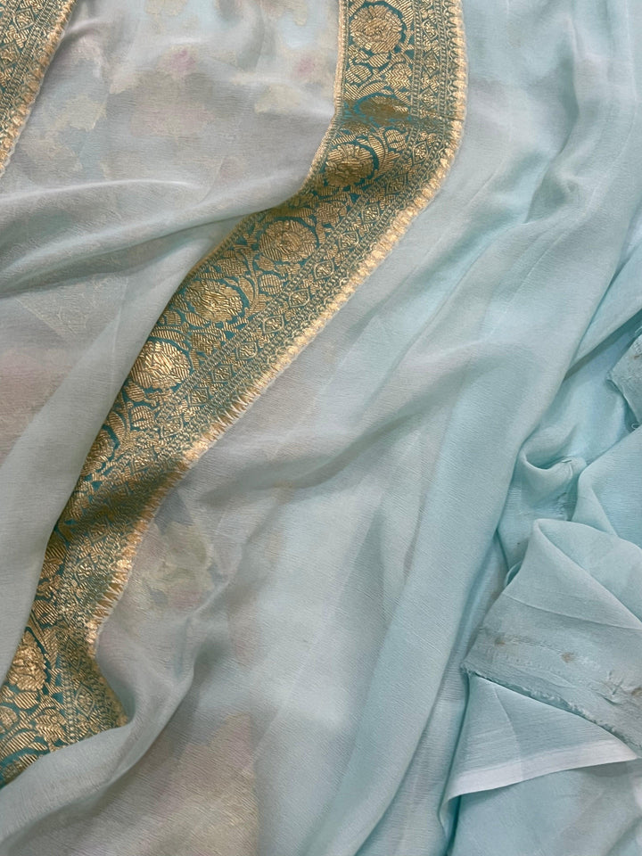 Pale Blue Rangkaat Banarasi Khaddi Georgette Saree - Aura Benaras