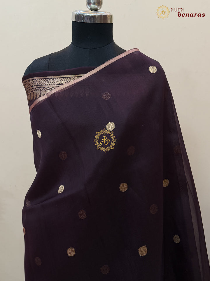 Brown Pure Kora silk Handloom Banarasi Saree