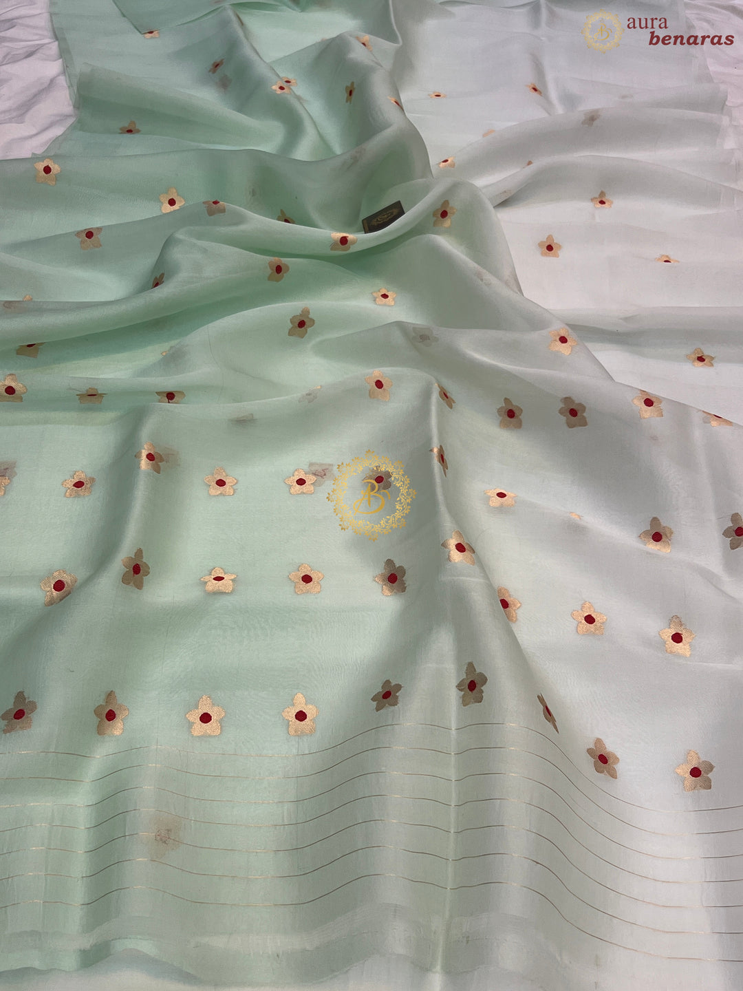 Off White and Mint Green  Shaded Pure Kora Silk Handloom Banarasi Saree