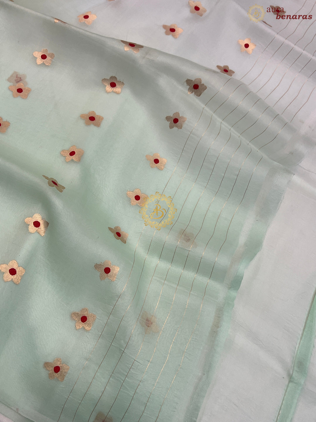 Off White and Mint Green  Shaded Pure Kora Silk Handloom Banarasi Saree