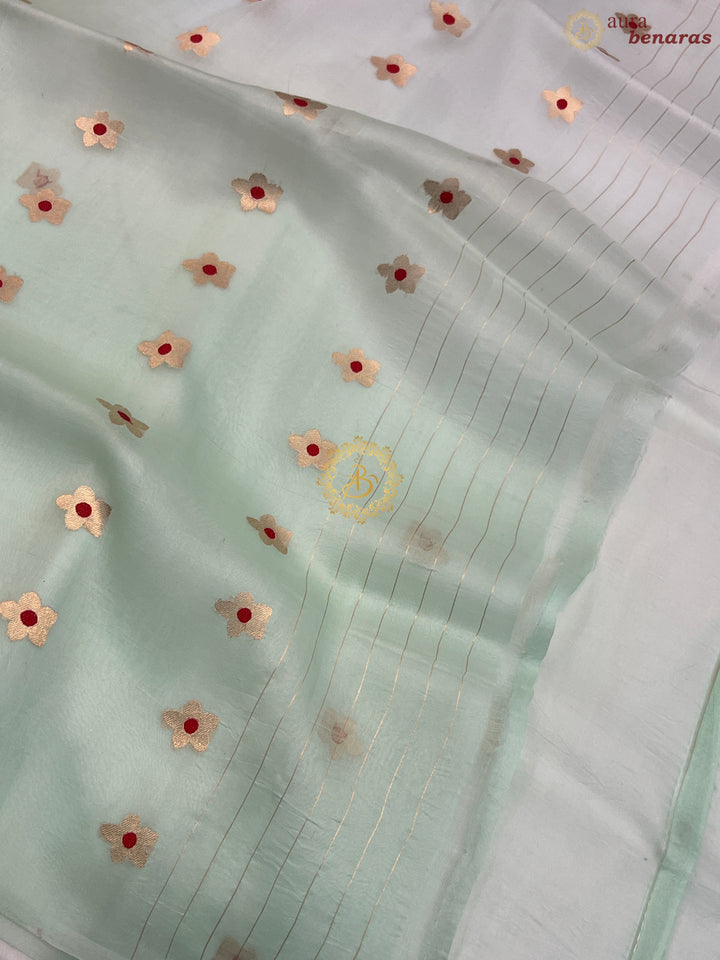 Off White and Mint Green  Shaded Pure Kora Silk Handloom Banarasi Saree