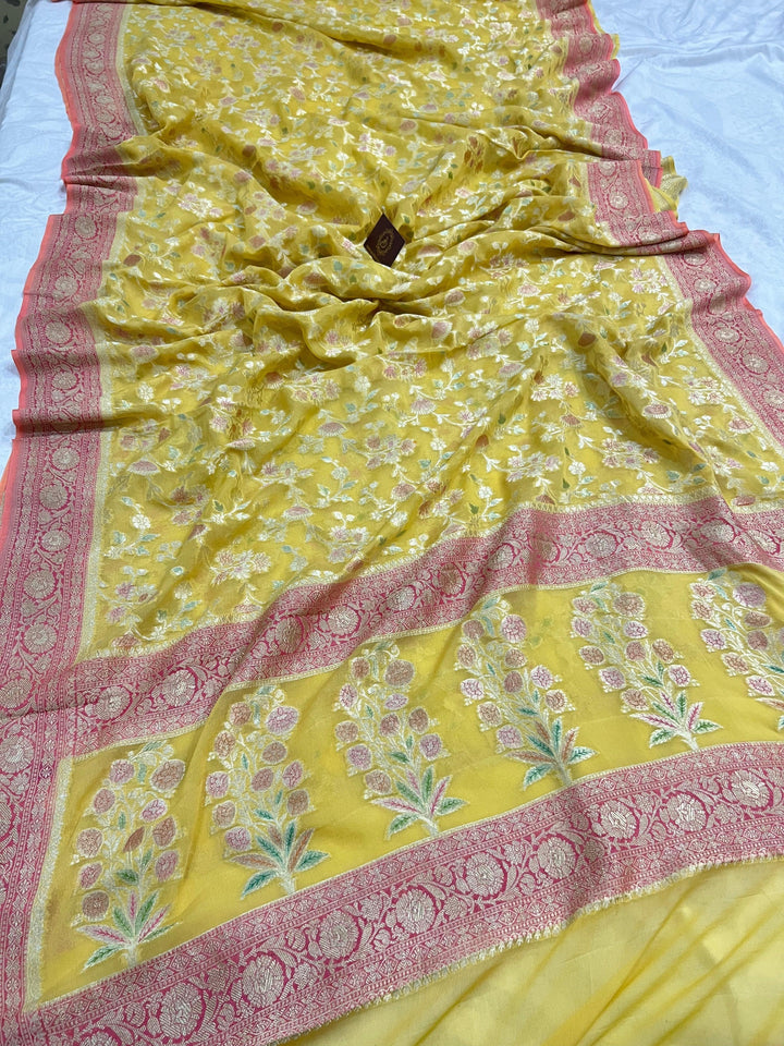 Pastel Yellow Rangkaat Banarasi Khaddi Georgette Saree - Aura Benaras