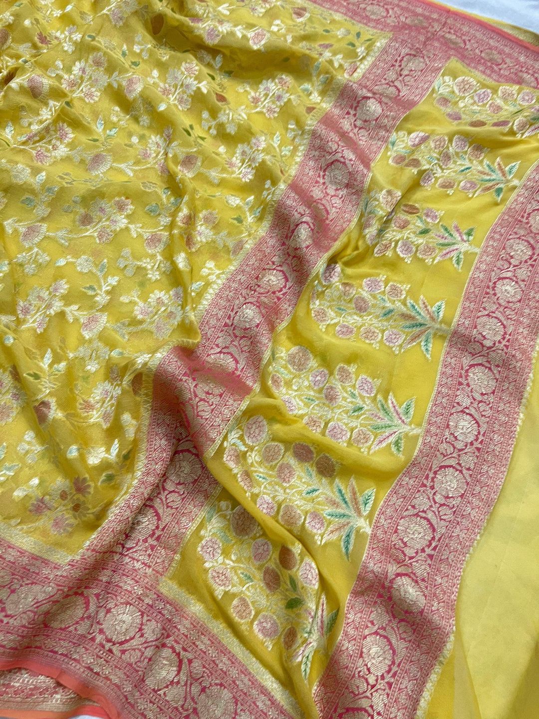 Pastel Yellow Rangkaat Banarasi Khaddi Georgette Saree - Aura Benaras