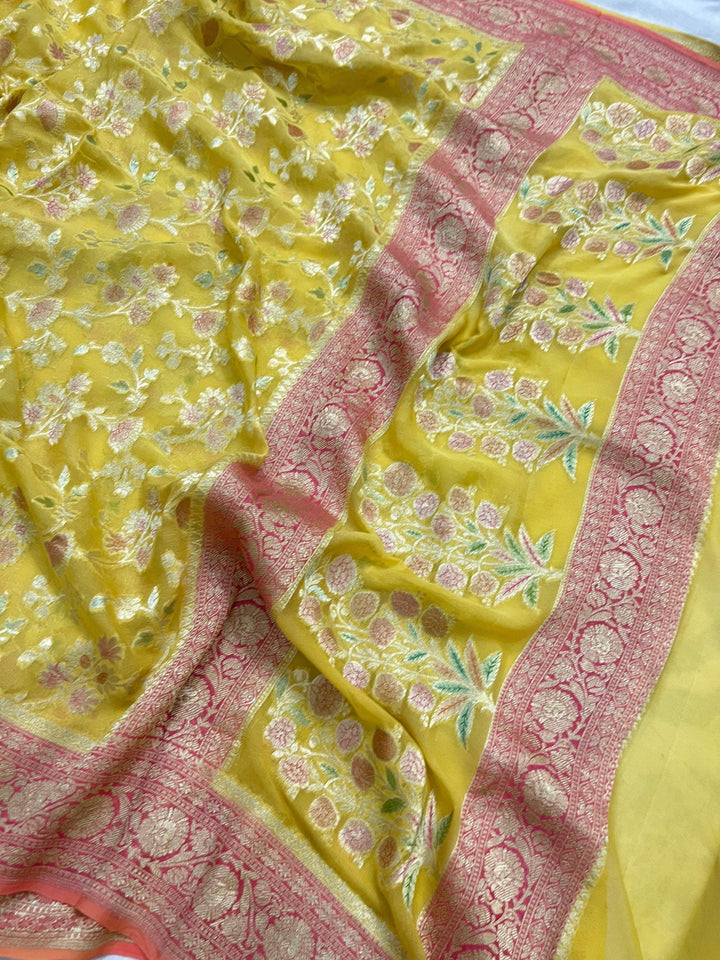 Pastel Yellow Rangkaat Banarasi Khaddi Georgette Saree - Aura Benaras