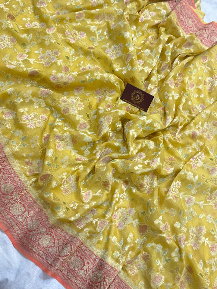 Pastel Yellow Rangkaat Banarasi Khaddi Georgette Saree - Aura Benaras