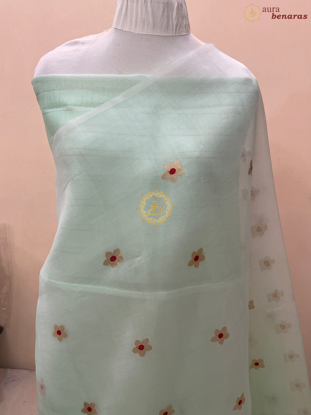 Off White and Mint Green  Shaded Pure Kora Silk Handloom Banarasi Saree