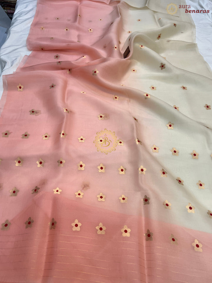 Cream and Pastel Peach Shaded Pure Kora Silk Handloom Banarasi Saree