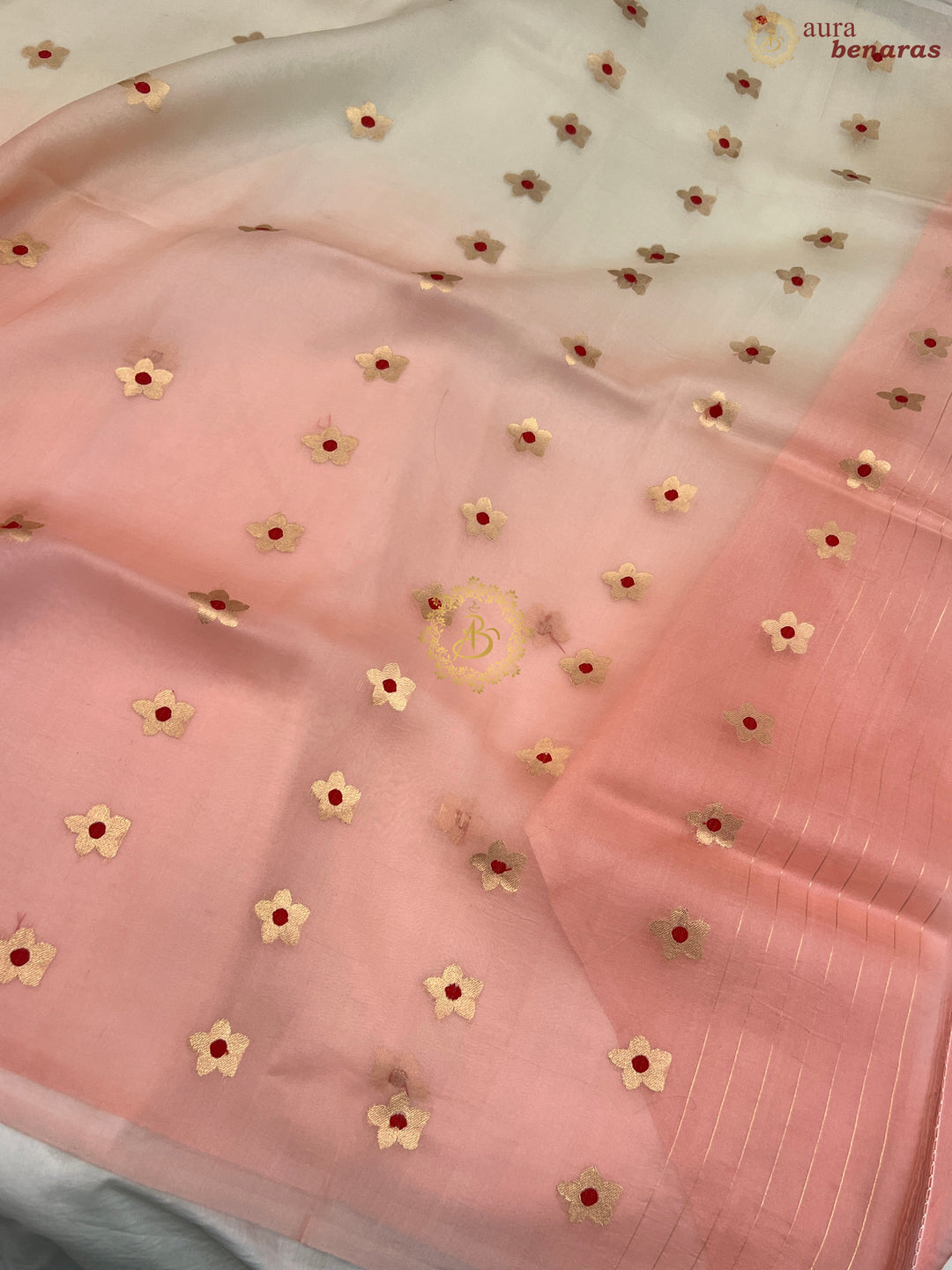 Cream and Pastel Peach Shaded Pure Kora Silk Handloom Banarasi Saree