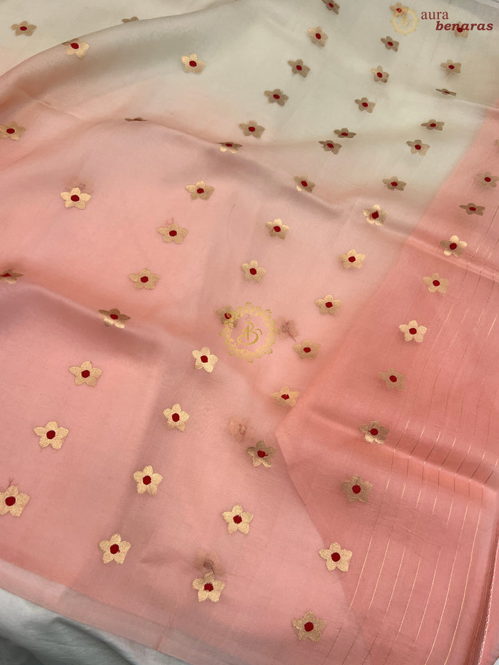 Cream and Pastel Peach Shaded Pure Kora Silk Handloom Banarasi Saree