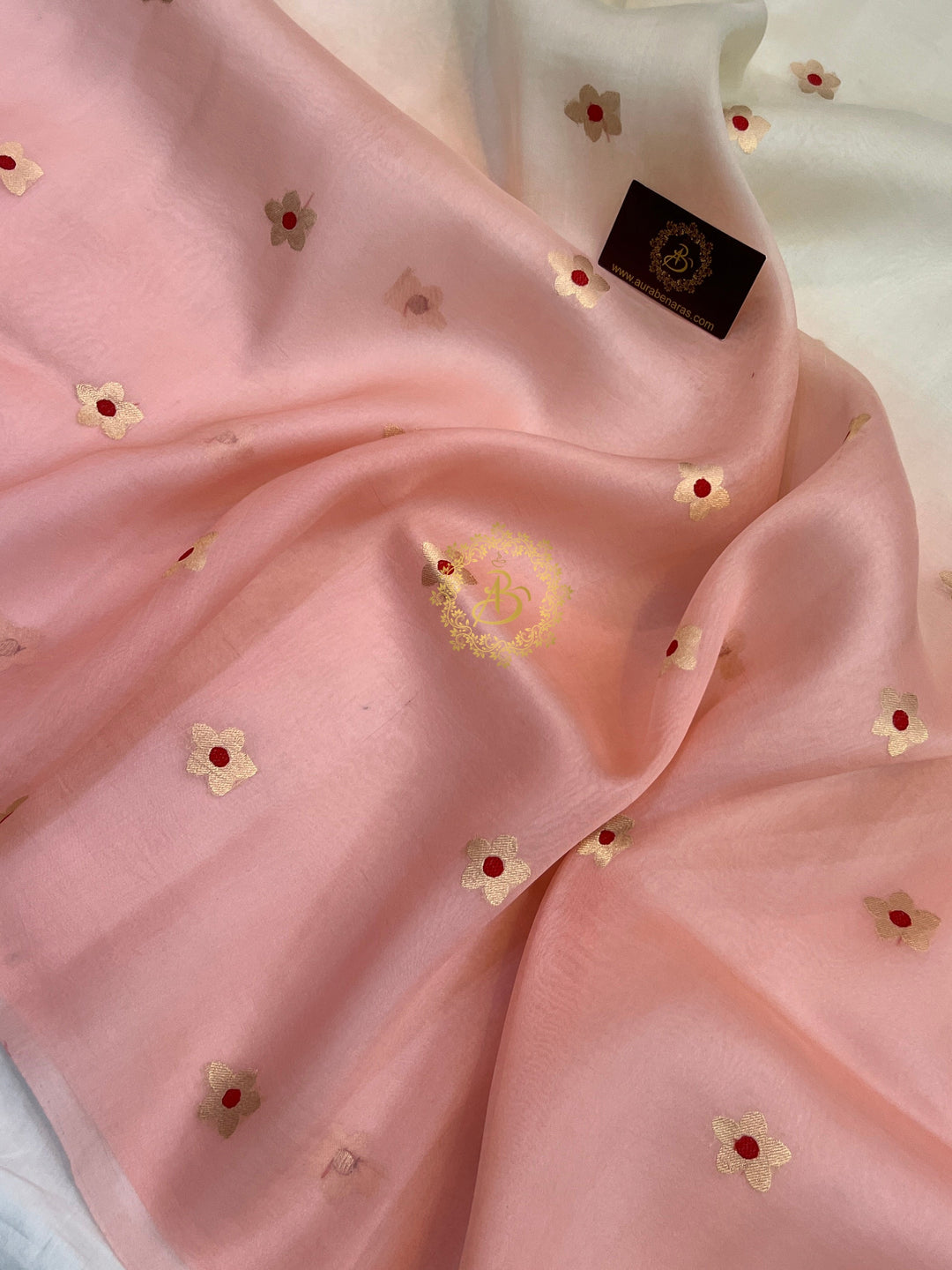 Cream and Pastel Peach Shaded Pure Kora Silk Handloom Banarasi Saree