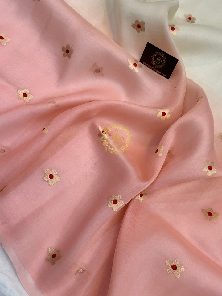 Cream and Pastel Peach Shaded Pure Kora Silk Handloom Banarasi Saree