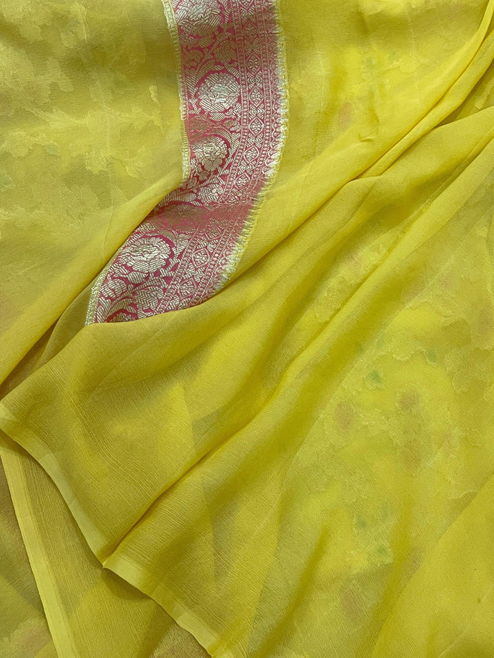 Pastel Yellow Rangkaat Banarasi Khaddi Georgette Saree - Aura Benaras