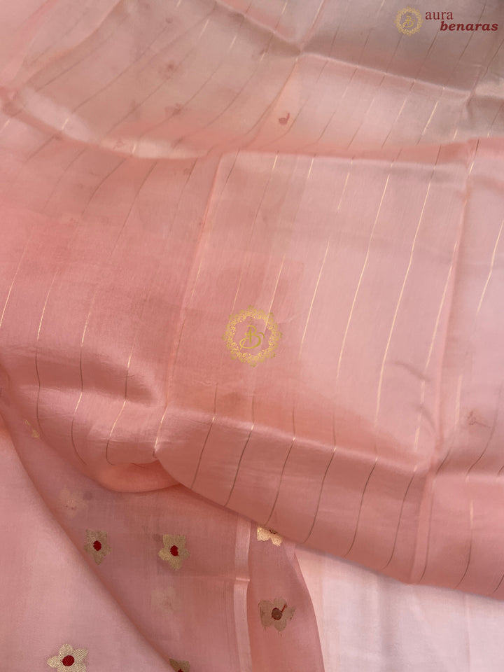 Cream and Pastel Peach Shaded Pure Kora Silk Handloom Banarasi Saree