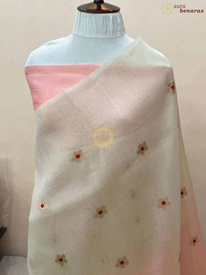 Cream and Pastel Peach Shaded Pure Kora Silk Handloom Banarasi Saree