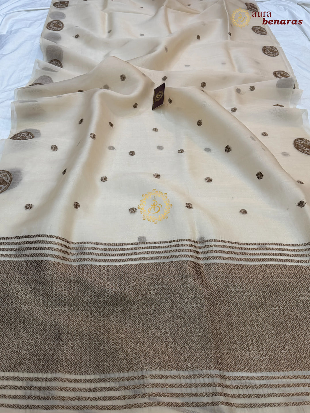 Cream Kora Silk Banarasi Saree with Antique Zari Bird Border