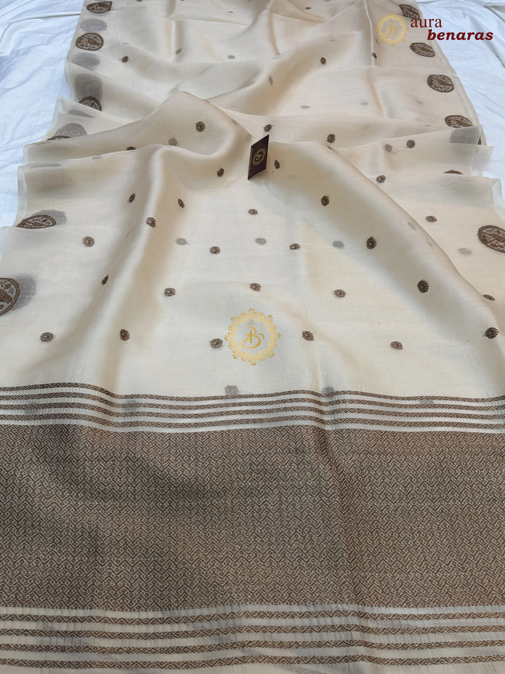 Cream Kora Silk Banarasi Saree with Antique Zari Bird Border