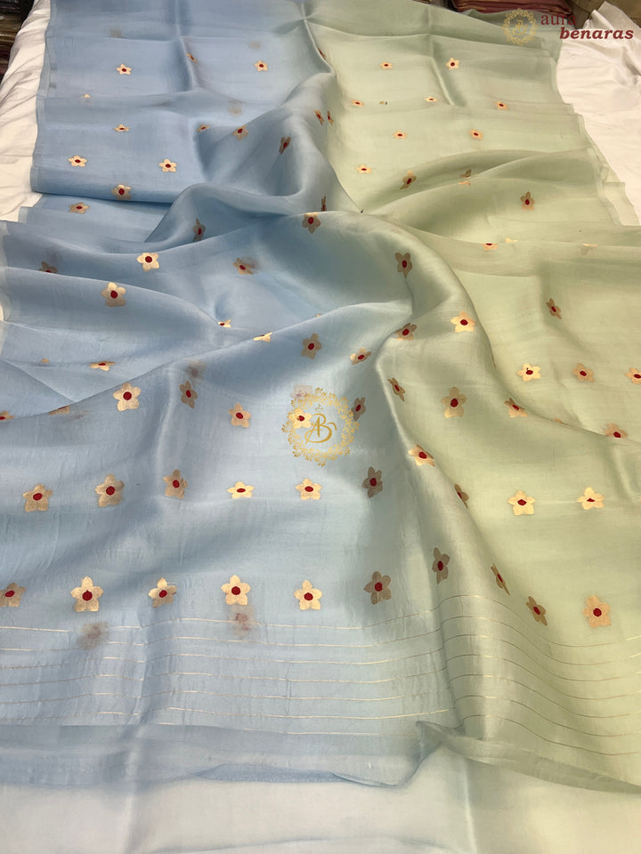 Pastel Green and Blue Shaded Pure Kora Silk Handloom Banarasi Saree